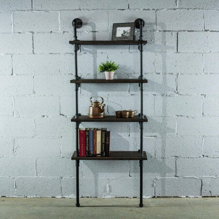 Furniture Pipeline 27 in. Sacramento Wide 4-Tier Etagere Bookcase, Black Steel Combo w/Dark Brown Stained Wood TWBS1-BL